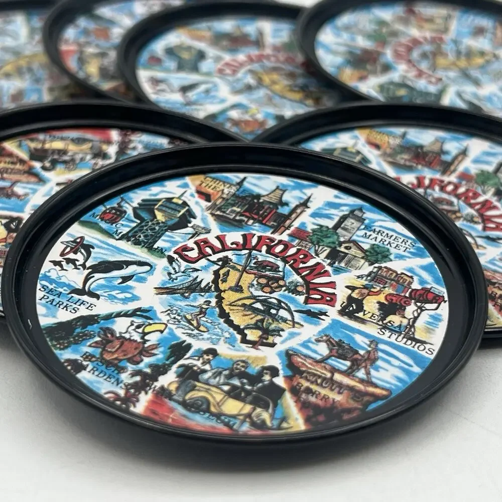 Set 8 California Souvenir Drink Coasters Black Metal MCM Magic Mountain Map 3